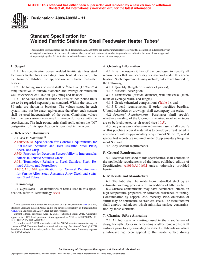 ASTM A803/A803M-11 - Standard Specification for  Welded Ferritic Stainless Steel Feedwater Heater Tubes