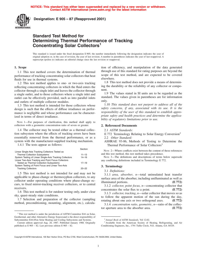 ASTM E905-87(2001) - Standard Test Method for Determining Thermal Performance of Tracking Concentrating Solar Collectors