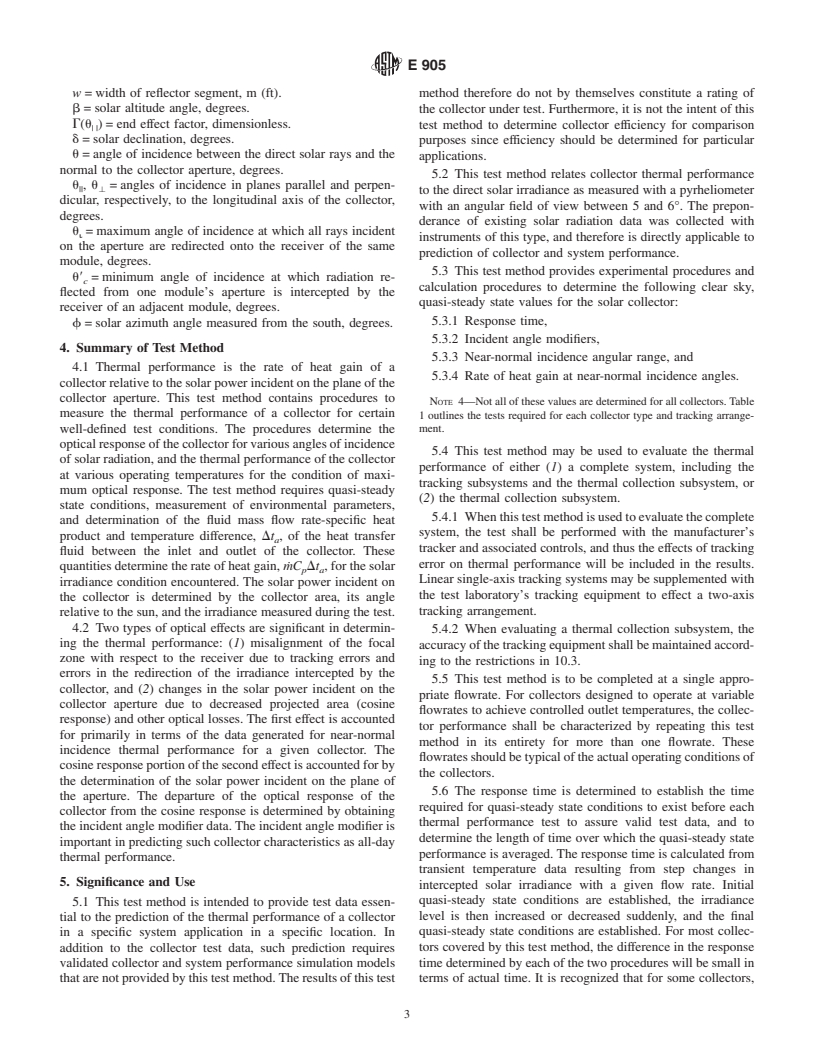 ASTM E905-87(2001) - Standard Test Method for Determining Thermal Performance of Tracking Concentrating Solar Collectors