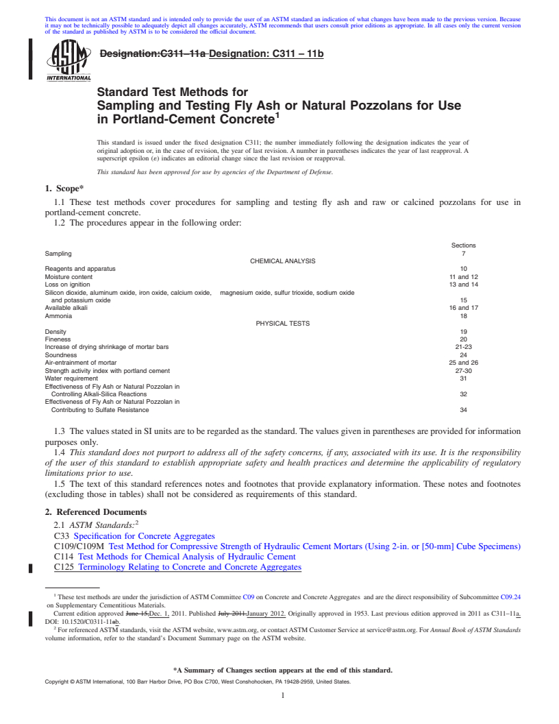 REDLINE ASTM C311-11 - Standard Test Methods for  Sampling and Testing Fly Ash or Natural Pozzolans for Use in Portland-Cement  Concrete