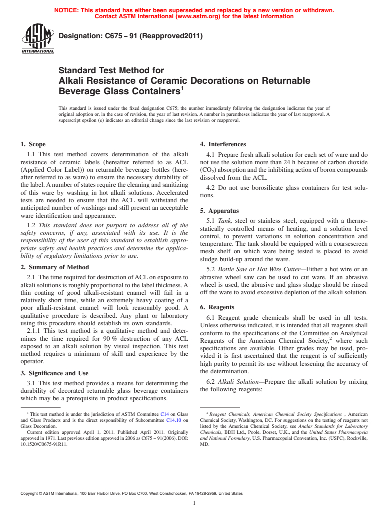 ASTM C675-91(2011) - Standard Test Method for  Alkali Resistance of Ceramic Decorations on Returnable Beverage Glass Containers