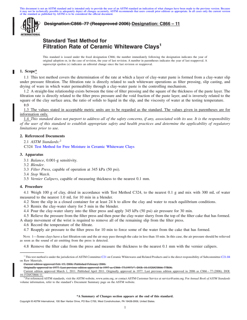 REDLINE ASTM C866-11 - Standard Test Method for  Filtration Rate of Ceramic Whiteware Clays