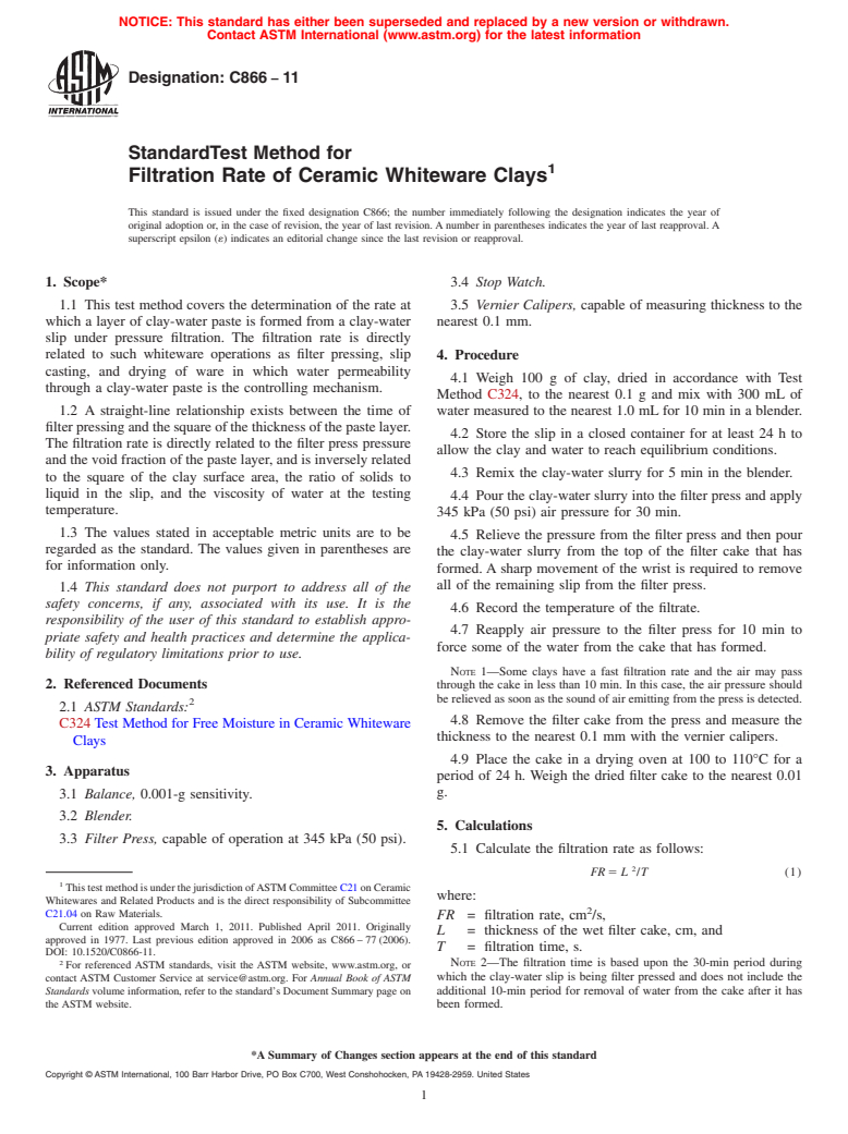 ASTM C866-11 - Standard Test Method for  Filtration Rate of Ceramic Whiteware Clays