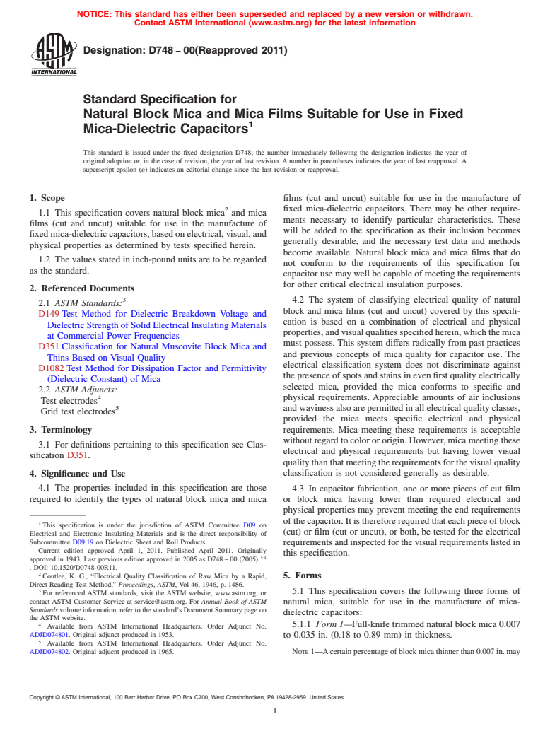 ASTM D748-00(2011) - Standard Specification for  Natural Block Mica and Mica Films Suitable for Use in Fixed Mica-Dielectric Capacitors