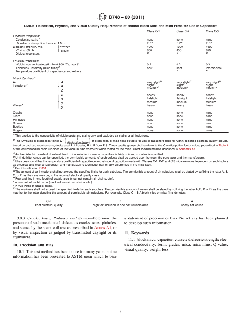 ASTM D748-00(2011) - Standard Specification for  Natural Block Mica and Mica Films Suitable for Use in Fixed Mica-Dielectric Capacitors