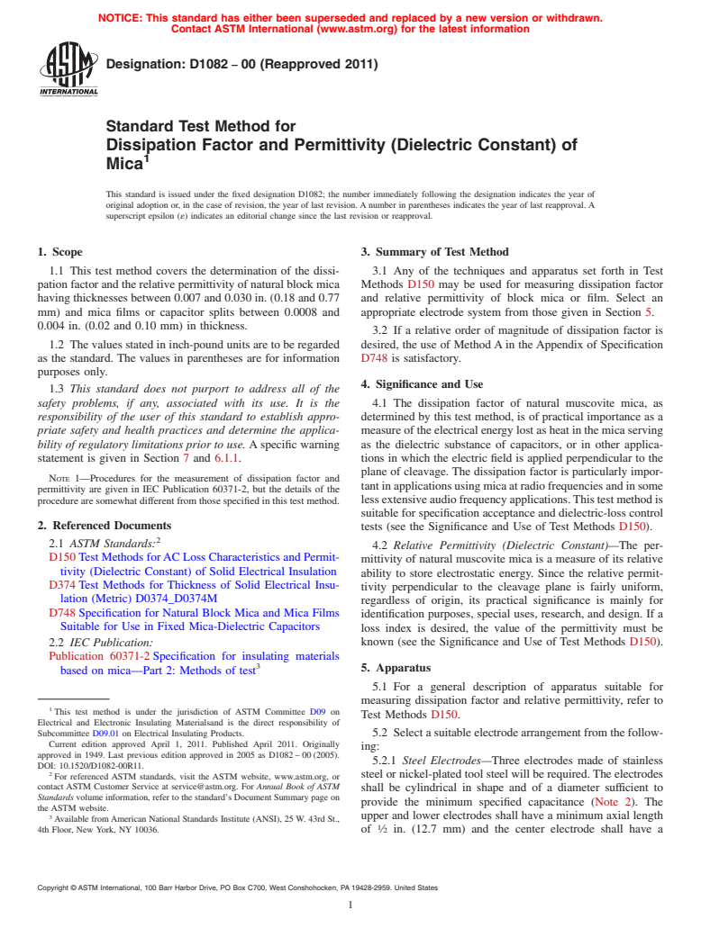 ASTM D1082-00(2011) - Standard Test Method for  Dissipation Factor and Permittivity (Dielectric Constant) of Mica