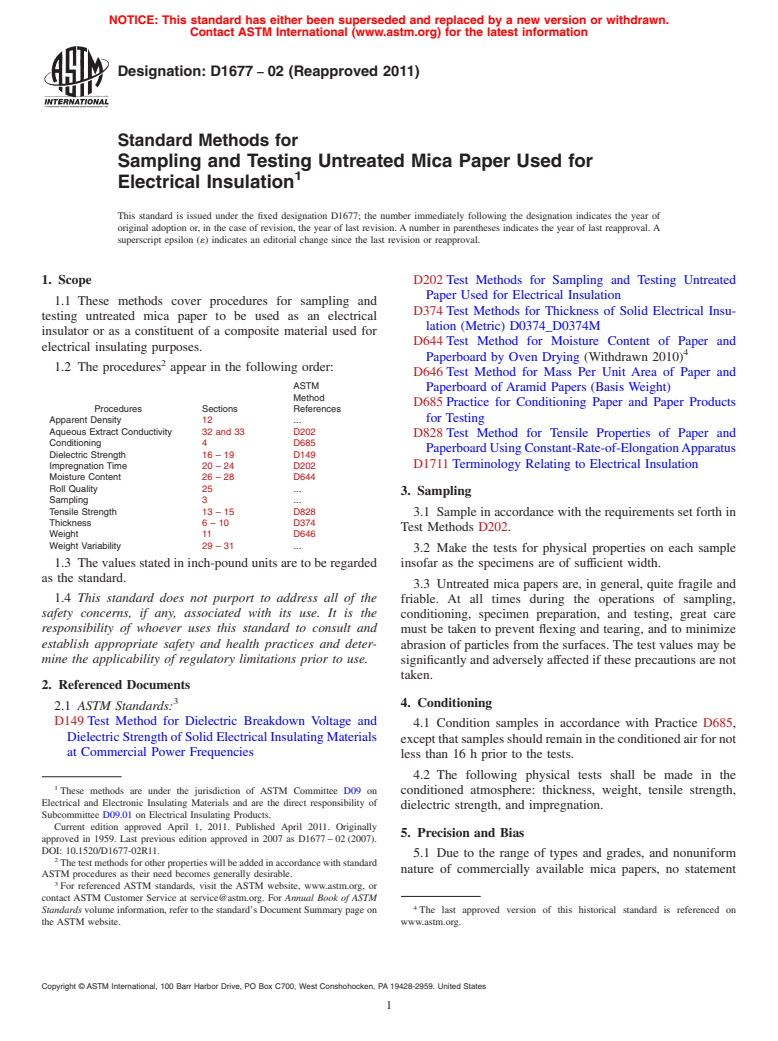 ASTM D1677-02(2011) - Standard Methods for  Sampling and Testing Untreated Mica Paper Used for Electrical Insulation