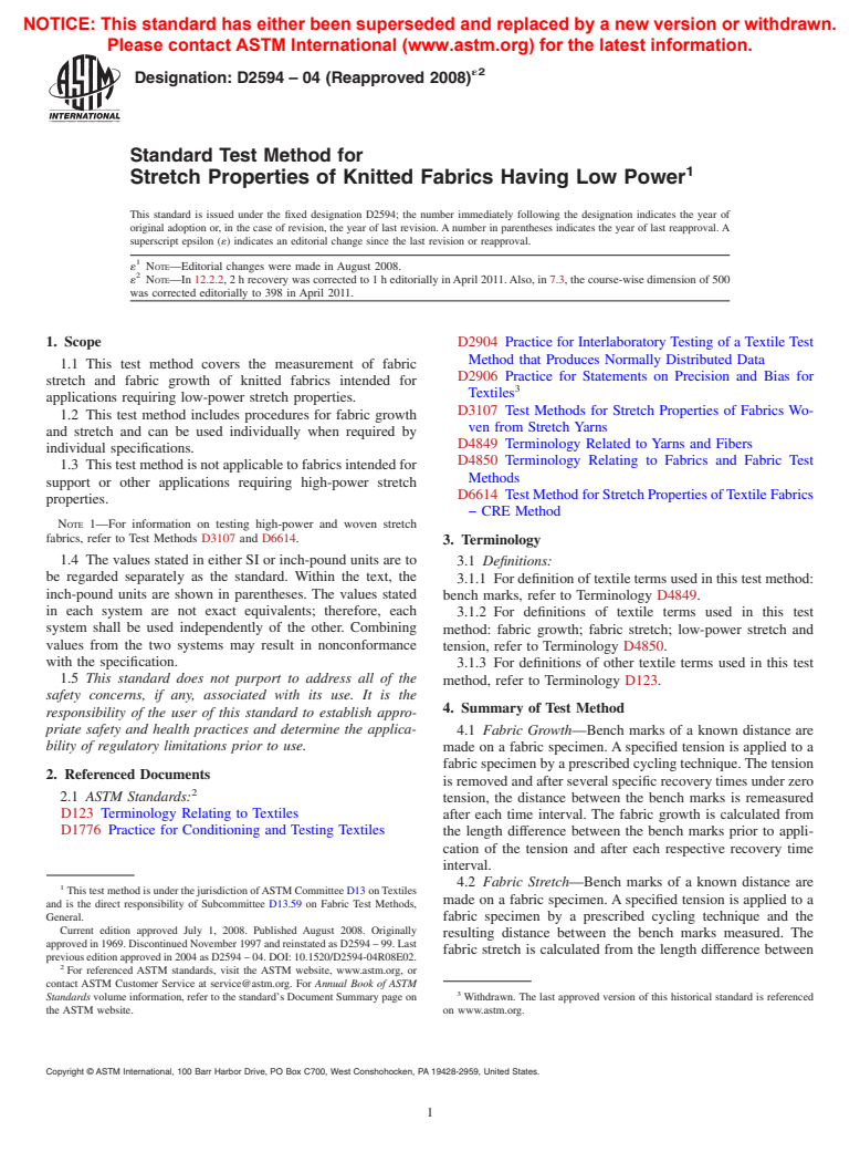 ASTM D2594-04(2008)e2 - Standard Test Method for Stretch Properties of Knitted Fabrics Having Low Power