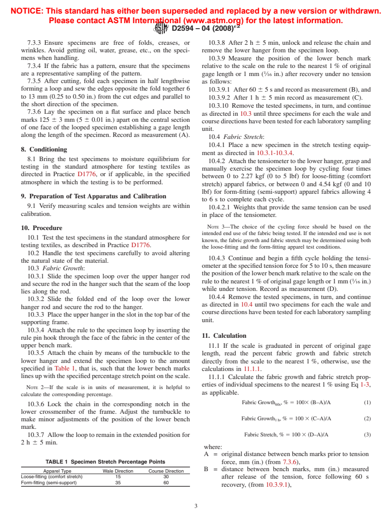 ASTM D2594-04(2008)e2 - Standard Test Method for Stretch Properties of Knitted Fabrics Having Low Power