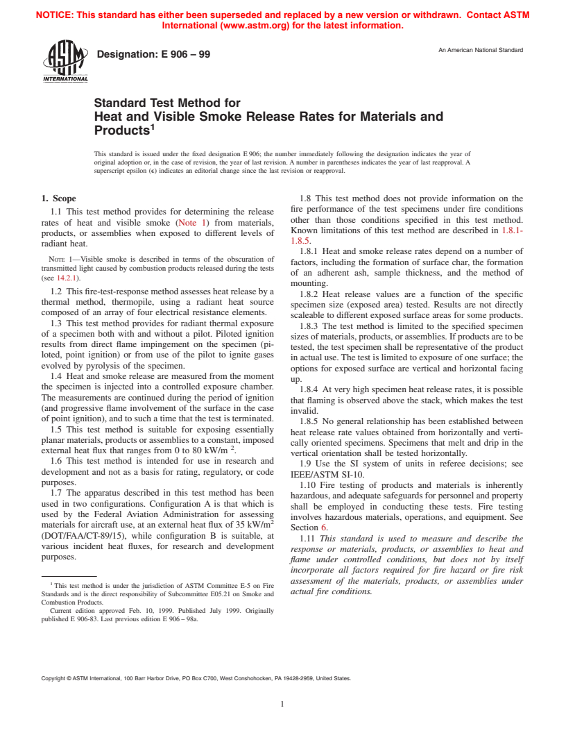 ASTM E906-99 - Standard Test Method for Heat and Visible Smoke Release Rates for Materials and Products