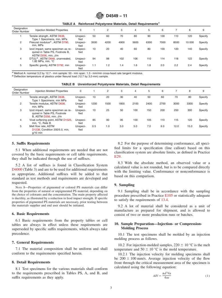 ASTM D4549-11 - Standard Classification System and Basis for Specification for Polystyrene and Rubber-Modified Polystyrene Molding and Extrusion Materials (PS)