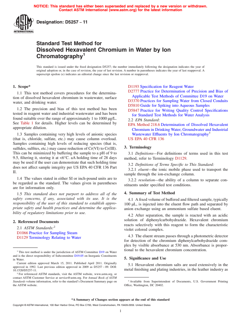 ASTM D5257-11 - Standard Test Method for Dissolved Hexavalent Chromium in Water by Ion Chromatography