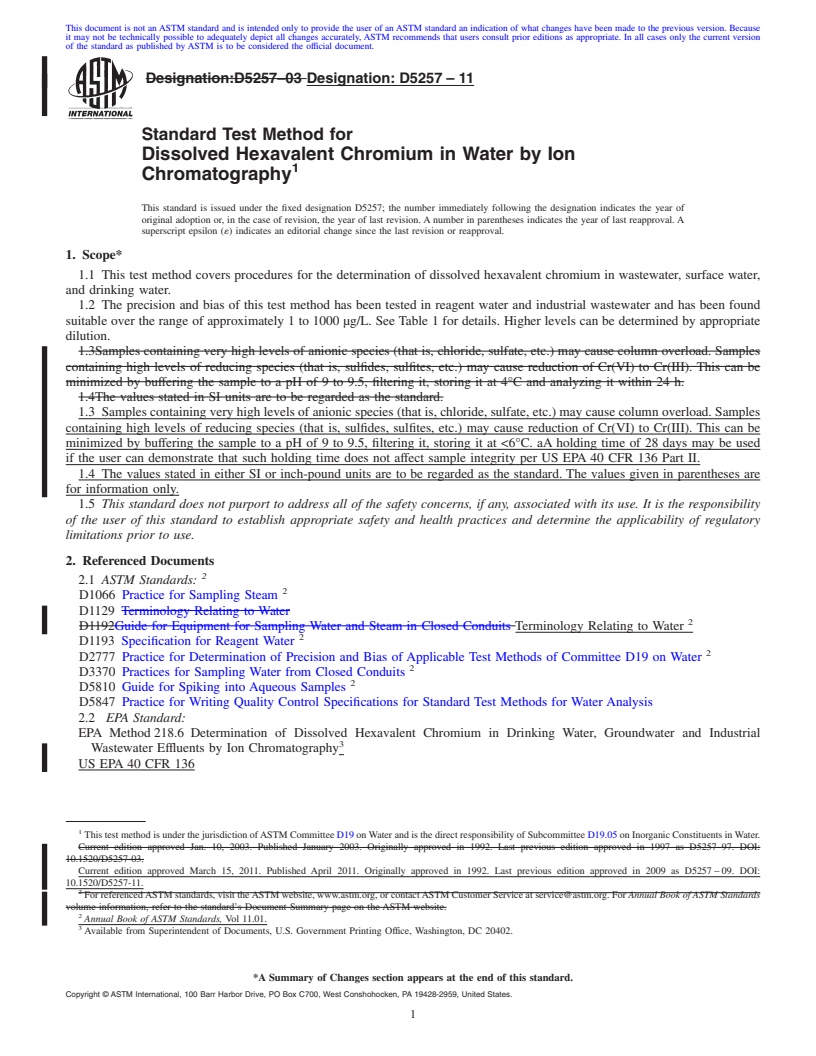 REDLINE ASTM D5257-11 - Standard Test Method for Dissolved Hexavalent Chromium in Water by Ion Chromatography