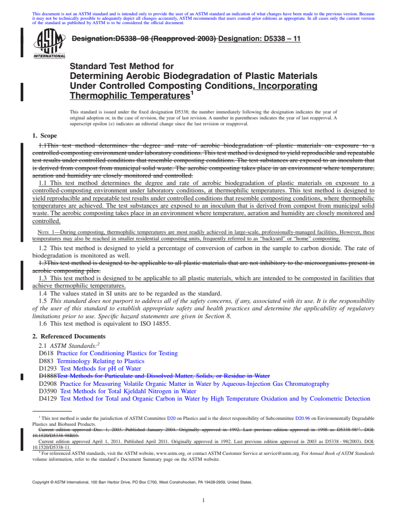 REDLINE ASTM D5338-11 - Standard Test Method for Determining Aerobic Biodegradation of Plastic Materials Under Controlled Composting Conditions, Incorporating Thermophilic Temperatures