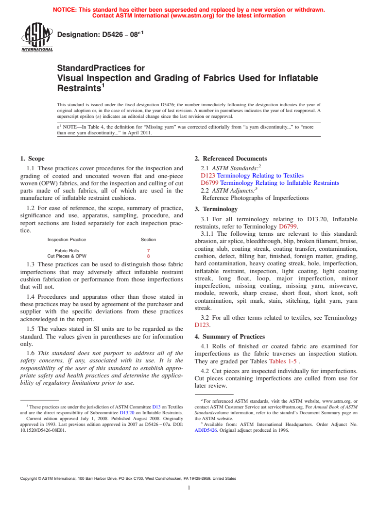 ASTM D5426-08e1 - Standard Practices for  Visual Inspection and Grading of Fabrics Used for Inflatable Restraints