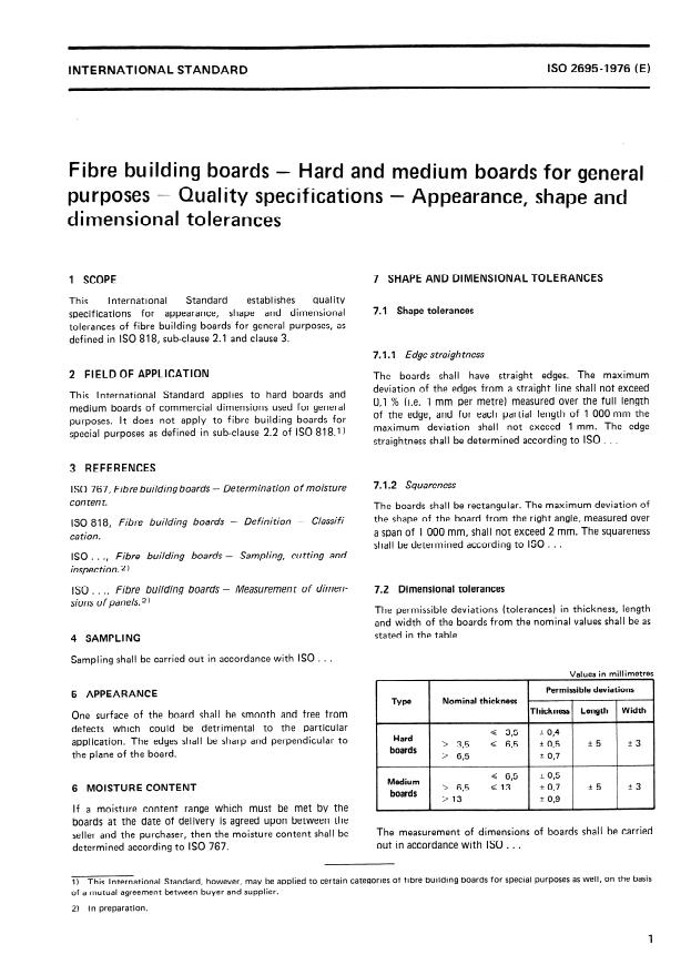 ISO 2695:1976 - Fibre building boards -- Hard and medium boards for general purposes -- Quality specifications -- Appearance, shape and dimensional tolerances