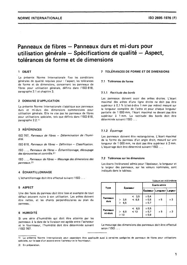 ISO 2695:1976 - Panneaux de fibres -- Panneaux durs et mi-durs pour utilisation générale -- Spécifications de qualité -- Aspect, tolérances de forme et de dimensions