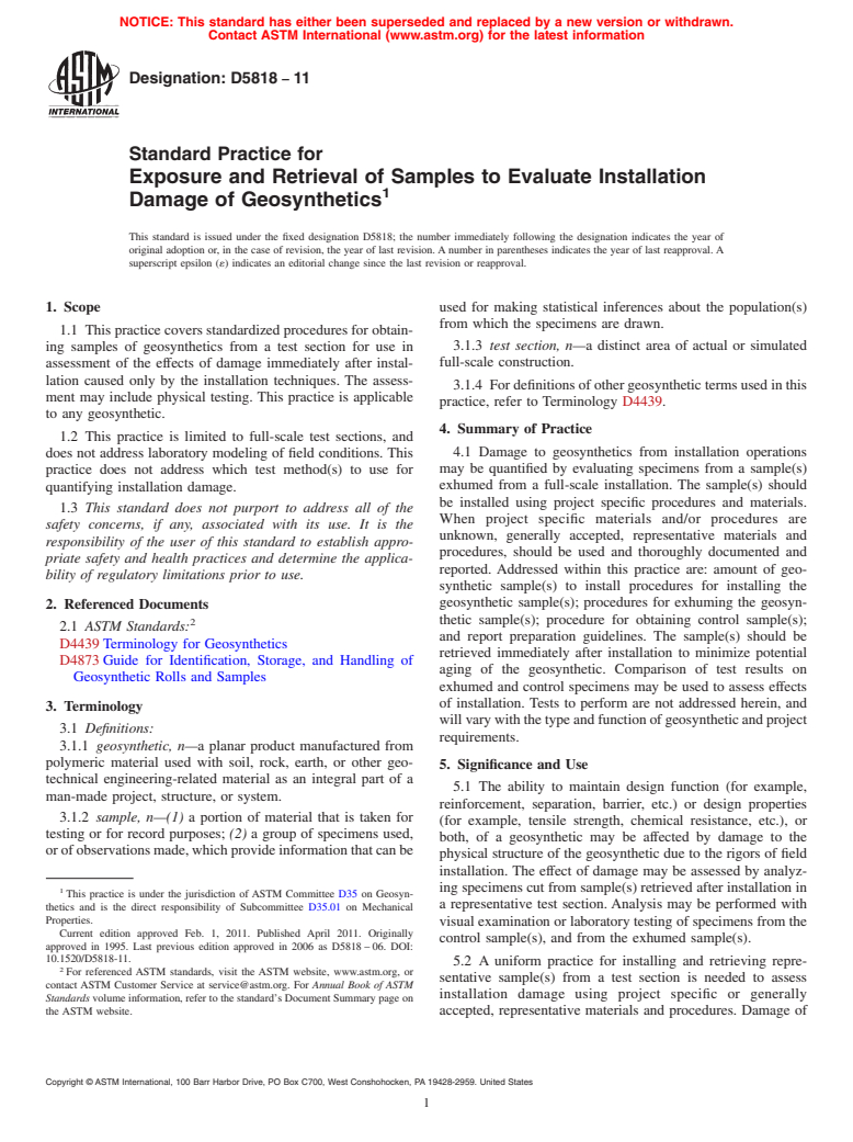 ASTM D5818-11 - Standard Practice for  Exposure and Retrieval of Samples to Evaluate Installation Damage of Geosynthetics