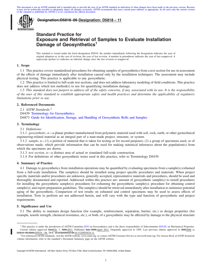 REDLINE ASTM D5818-11 - Standard Practice for  Exposure and Retrieval of Samples to Evaluate Installation Damage of Geosynthetics