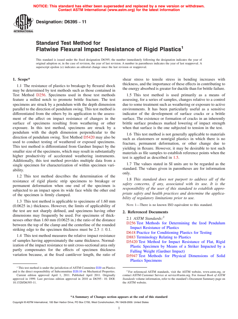 ASTM D6395-11 - Standard Test Method for Flatwise Flexural Impact Resistance of Rigid Plastics (Withdrawn 2019)