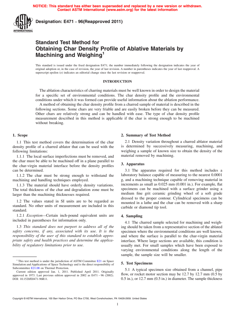 ASTM E471-96(2011) - Standard Test Method for  Obtaining Char Density Profile of Ablative Materials by Machining and Weighing