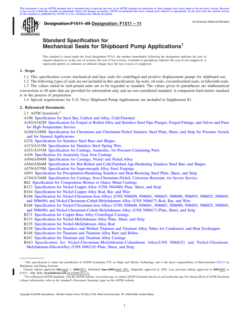 REDLINE ASTM F1511-11 - Standard Specification for Mechanical Seals for Shipboard Pump Applications