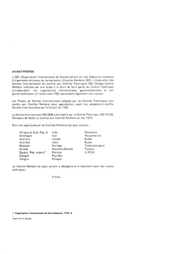 ISO 2696:1976 ISO 2696:1976 - Panneaux de fibres -- Panneaux durs et mi-durs pour utilisation générale -- Spécifications de qualité -- Absorption d'eau et gonflement en épaisseur - Page 2 preview