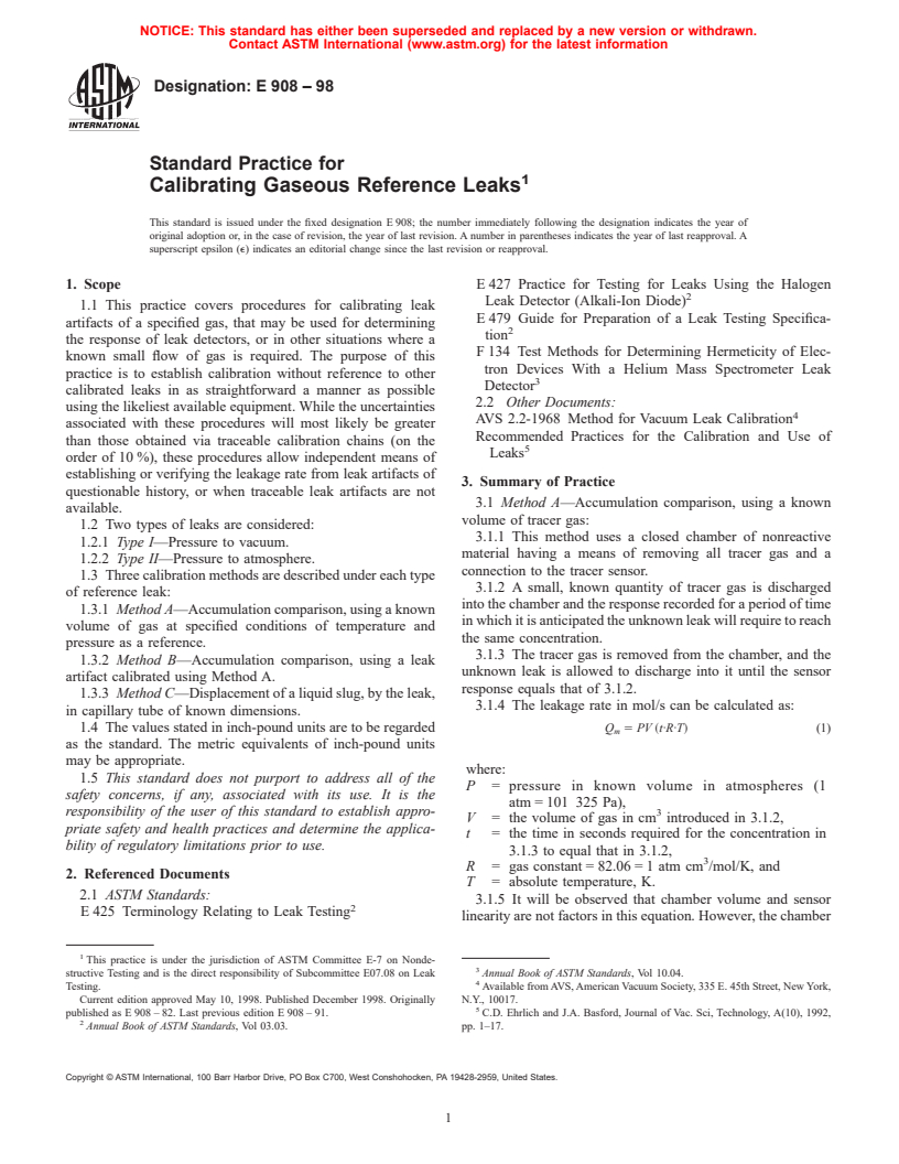 ASTM E908-98 - Standard Practice for Calibrating Gaseous Reference Leaks