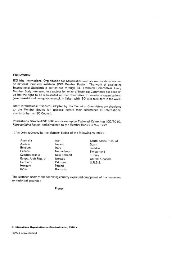 ISO 2696:1976 ISO 2696:1976 - Fibre building boards -- Hard and medium boards for general purposes -- Quality specifications -- Water absorption and swelling in thickness - Page 2 preview