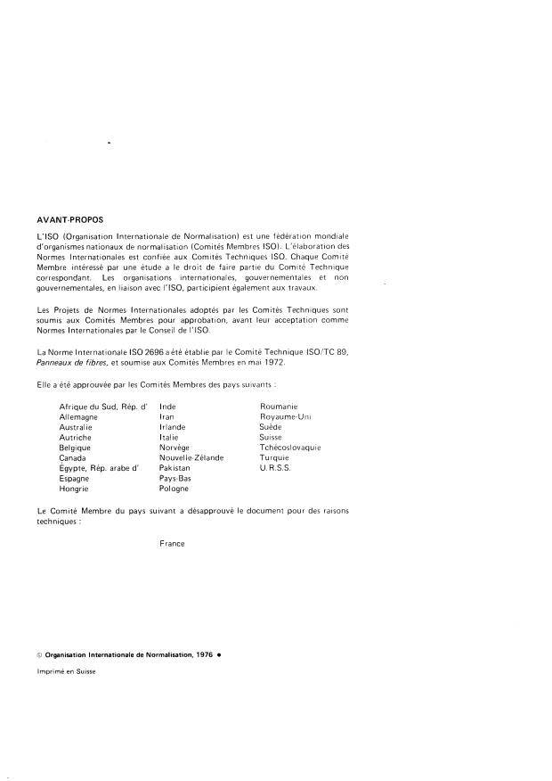 ISO 2696:1976 ISO 2696:1976 - Panneaux de fibres -- Panneaux durs et mi-durs pour utilisation générale -- Spécifications de qualité -- Absorption d'eau et gonflement en épaisseur - Page 2 preview
