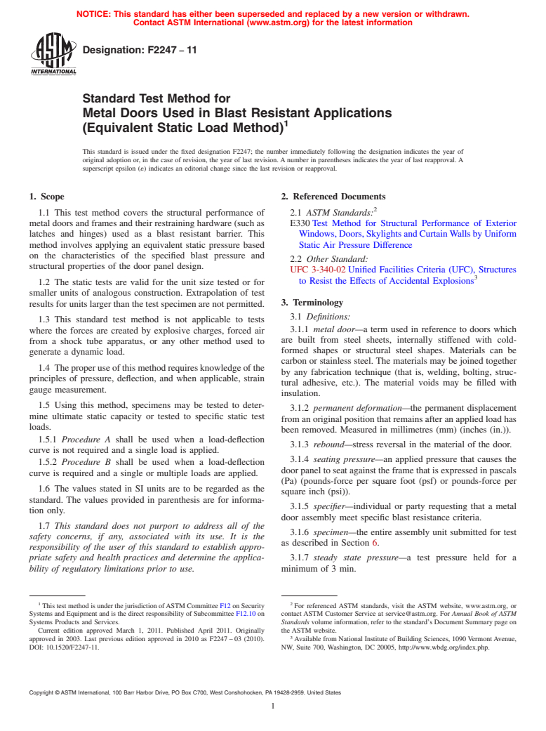 ASTM F2247-11 - Standard Test Method for Metal Doors Used in Blast Resistant Applications (Equivalent Static Load Method)