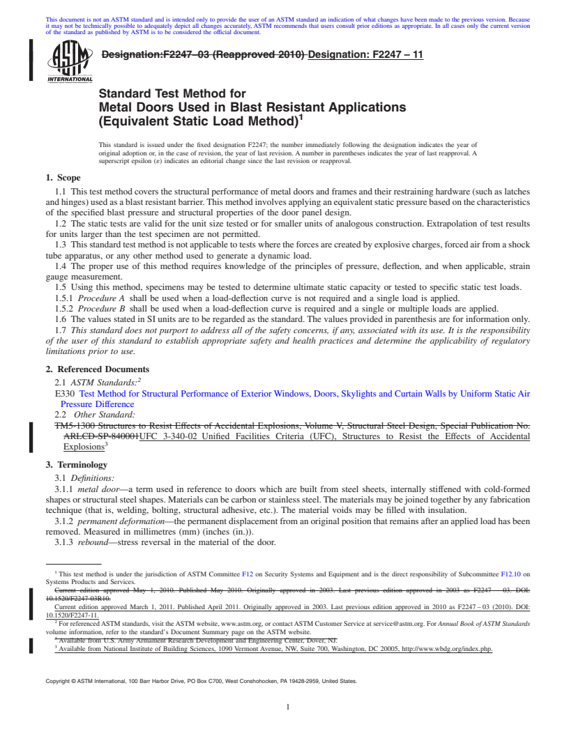 REDLINE ASTM F2247-11 - Standard Test Method for Metal Doors Used in Blast Resistant Applications (Equivalent Static Load Method)