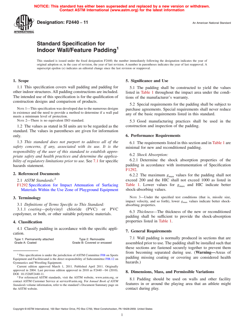 ASTM F2440-11 - Standard Specification for Indoor Wall/Feature Padding