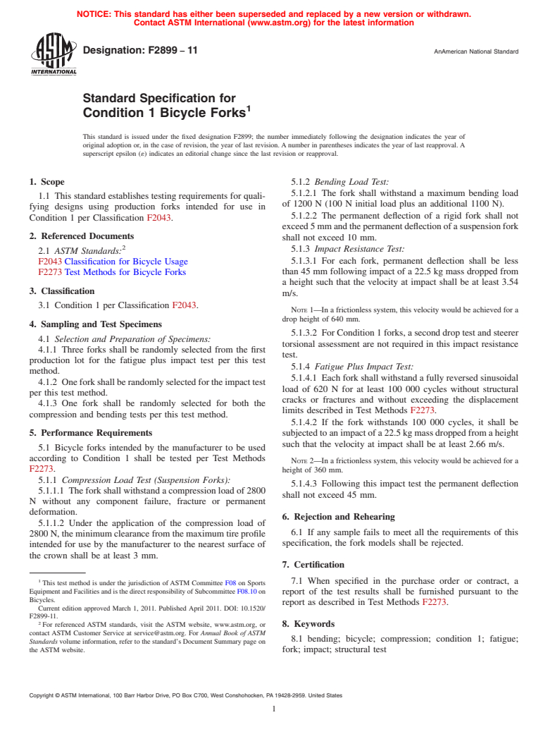 ASTM F2899-11 - Standard Specification for Condition 1 Bicycle Forks