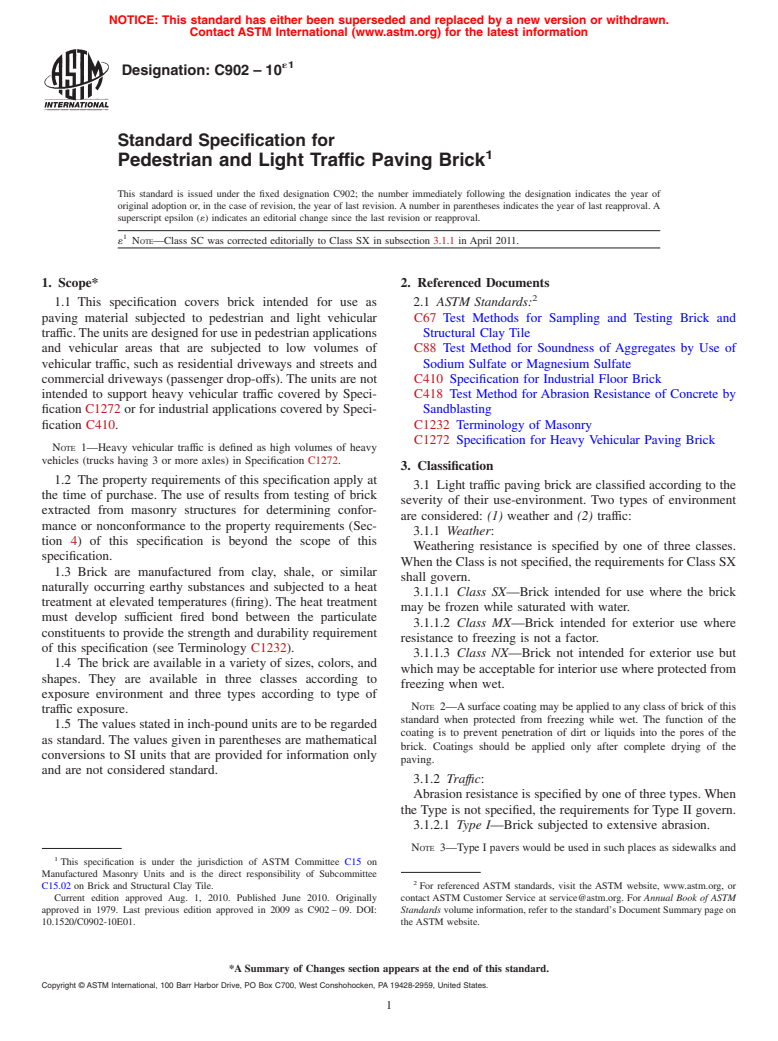 ASTM C902-10e1 - Standard Specification for Pedestrian and Light Traffic Paving Brick