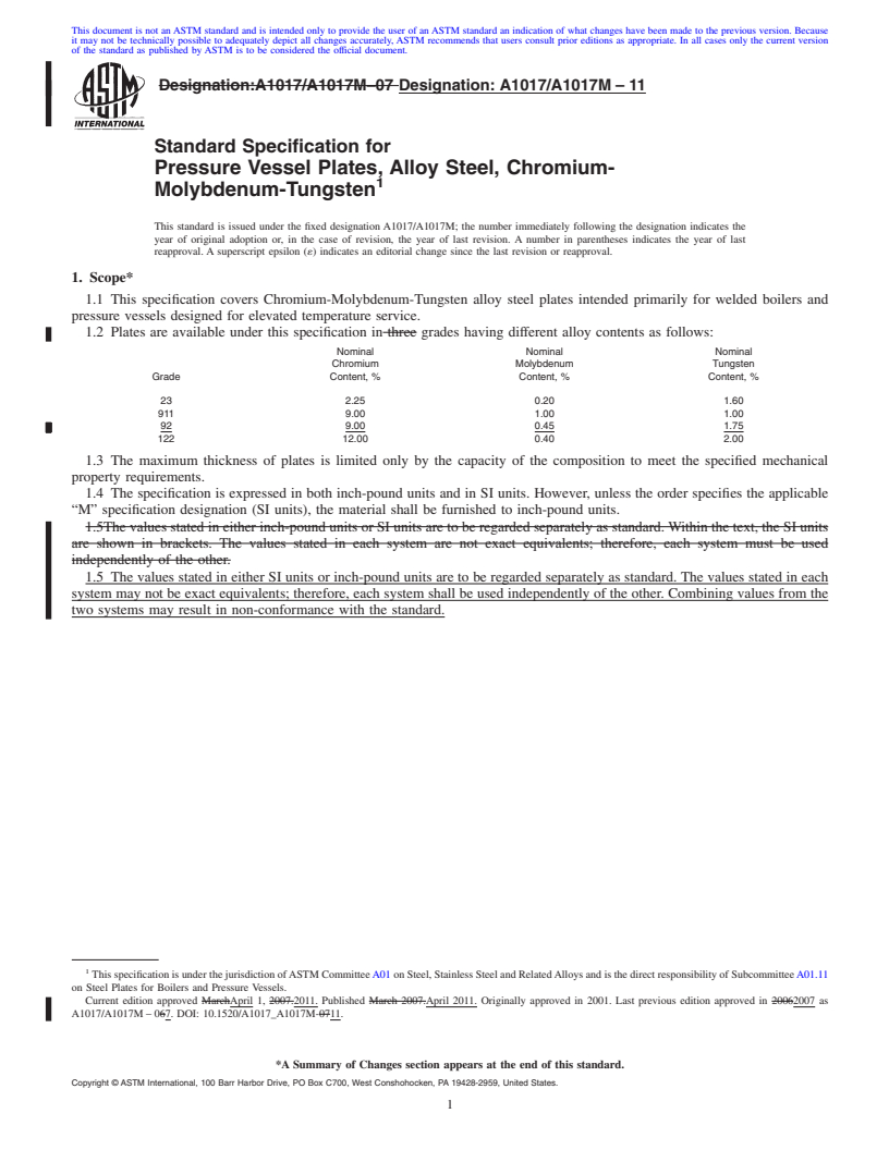 REDLINE ASTM A1017/A1017M-11 - Standard Specification for Pressure Vessel Plates, Alloy Steel, Chromium-Molybdenum-Tungsten