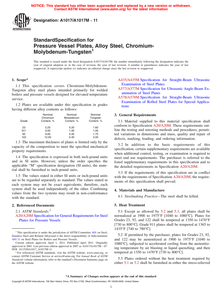 ASTM A1017/A1017M-11 - Standard Specification for Pressure Vessel Plates, Alloy Steel, Chromium-Molybdenum-Tungsten