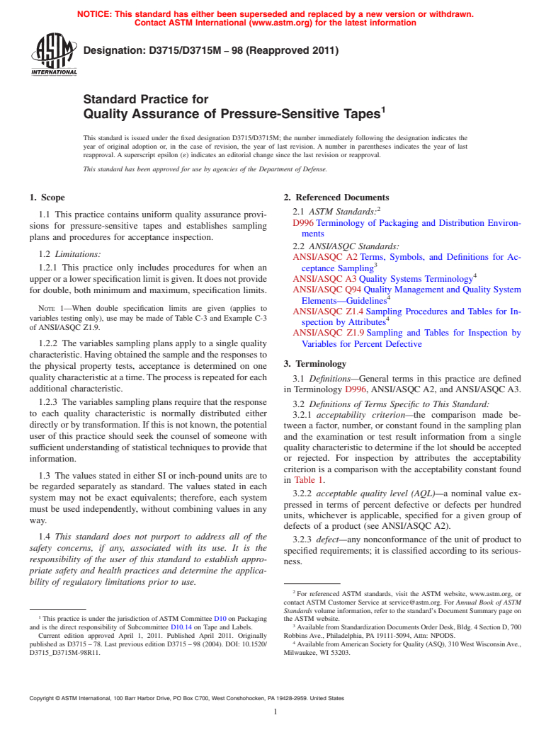 ASTM D3715/D3715M-98(2011) - Standard Practice for Quality Assurance of Pressure-Sensitive Tapes