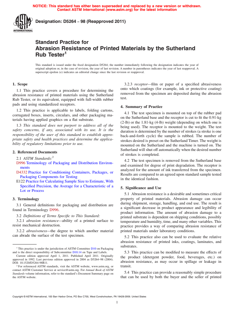 ASTM D5264-98(2011) - Standard Practice for Abrasion Resistance of Printed Materials by the Sutherland Rub Tester