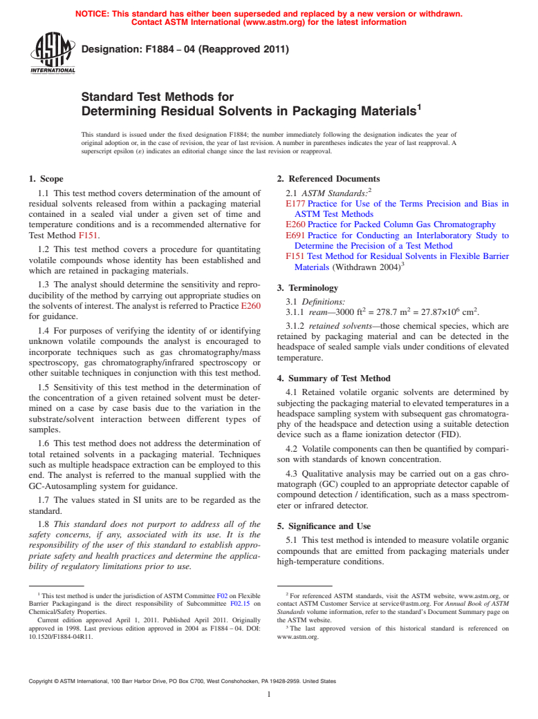 ASTM F1884-04(2011) - Standard Test Method for Determining Residual Solvents in Packaging Materials