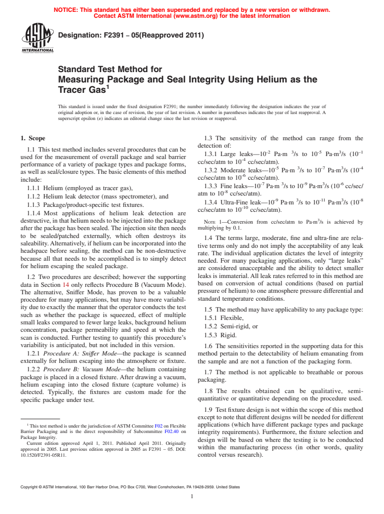 ASTM F2391-05(2011) - Standard Test Method for Measuring Package and Seal Integrity Using Helium as the Tracer Gas