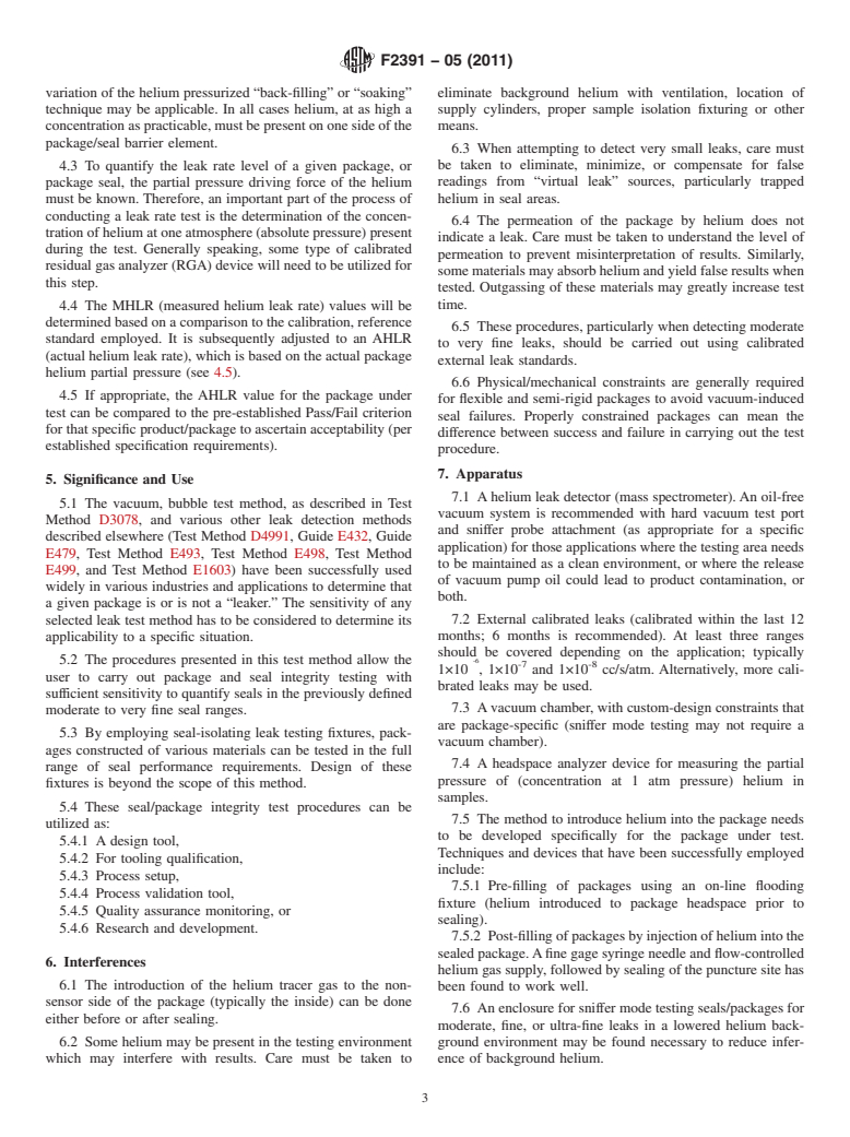 ASTM F2391-05(2011) - Standard Test Method for Measuring Package and Seal Integrity Using Helium as the Tracer Gas