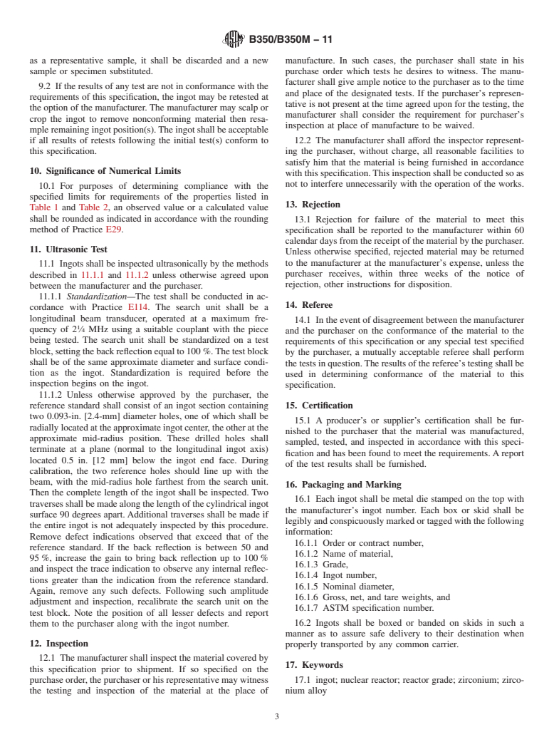 ASTM B350/B350M-11 - Standard Specification for Zirconium and Zirconium Alloy Ingots for Nuclear Application