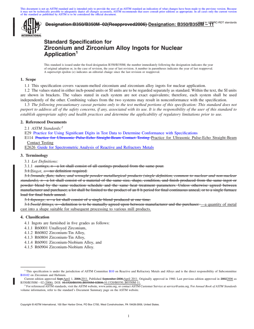 REDLINE ASTM B350/B350M-11 - Standard Specification for Zirconium and Zirconium Alloy Ingots for Nuclear Application