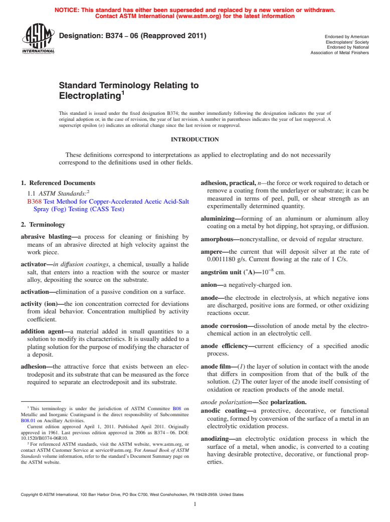 ASTM B374-06(2011) - Standard Terminology Relating to Electroplating