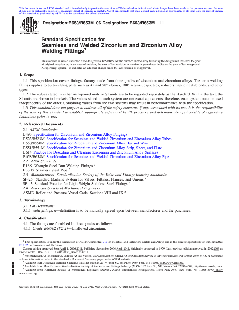 REDLINE ASTM B653/B653M-11 - Standard Specification for Seamless and Welded Zirconium and Zirconium Alloy Welding Fittings