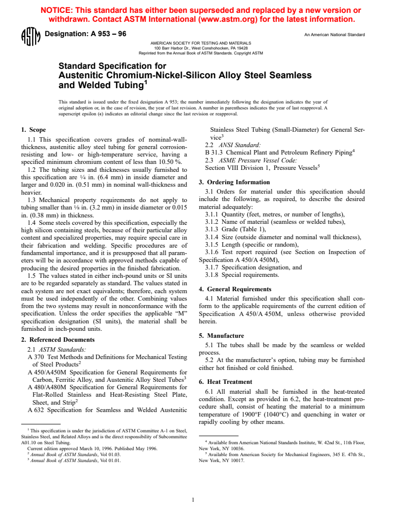 ASTM A953-96 - Standard Specification for Austenitic Chromium-Nickel-Silicon Alloy Steel Seamless and Welded Tubing