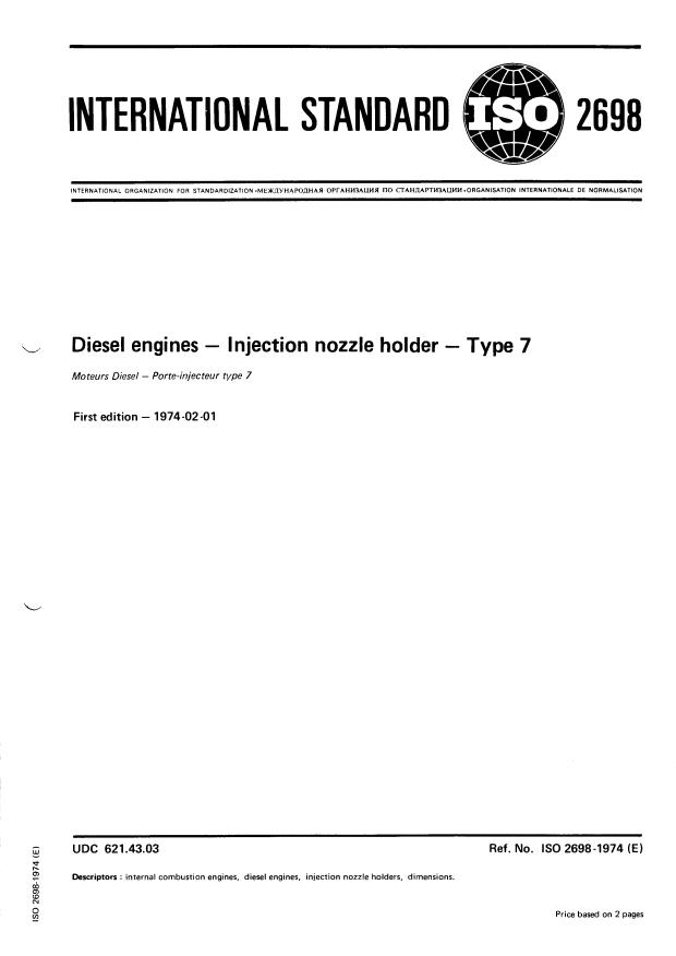 ISO 2698:1974 - Diesel engines -- Injection nozzle holder -- Type 7