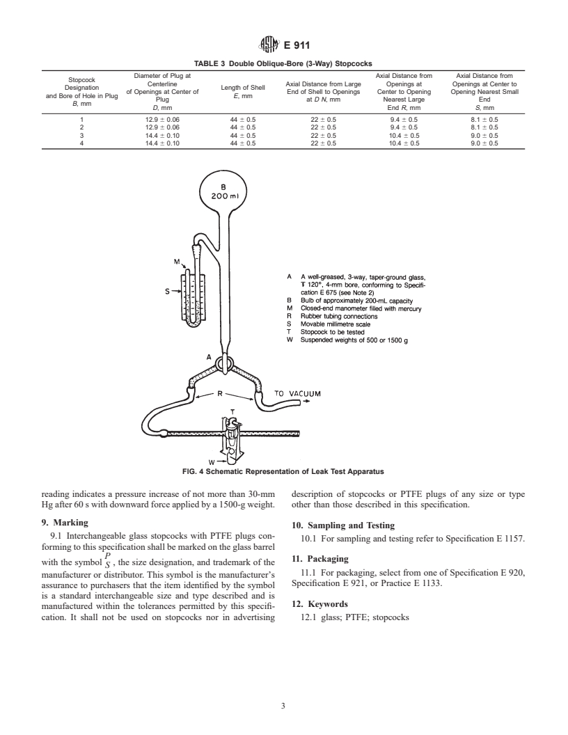 ASTM E911-98 - Standard Specification for Glass Stopcocks with Polytetrafluoroethylene (PTFE) Plugs