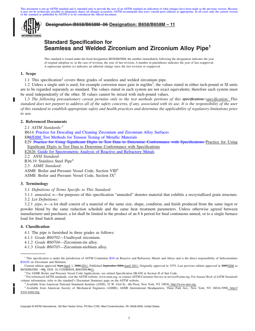 REDLINE ASTM B658/B658M-11 - Standard Specification for Seamless and Welded Zirconium and Zirconium Alloy Pipe